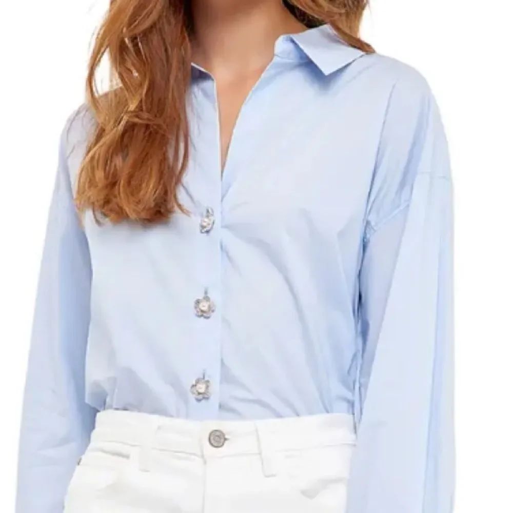 Anthropologie Imitation Pearl Button-up Cotton Shirt In Powder